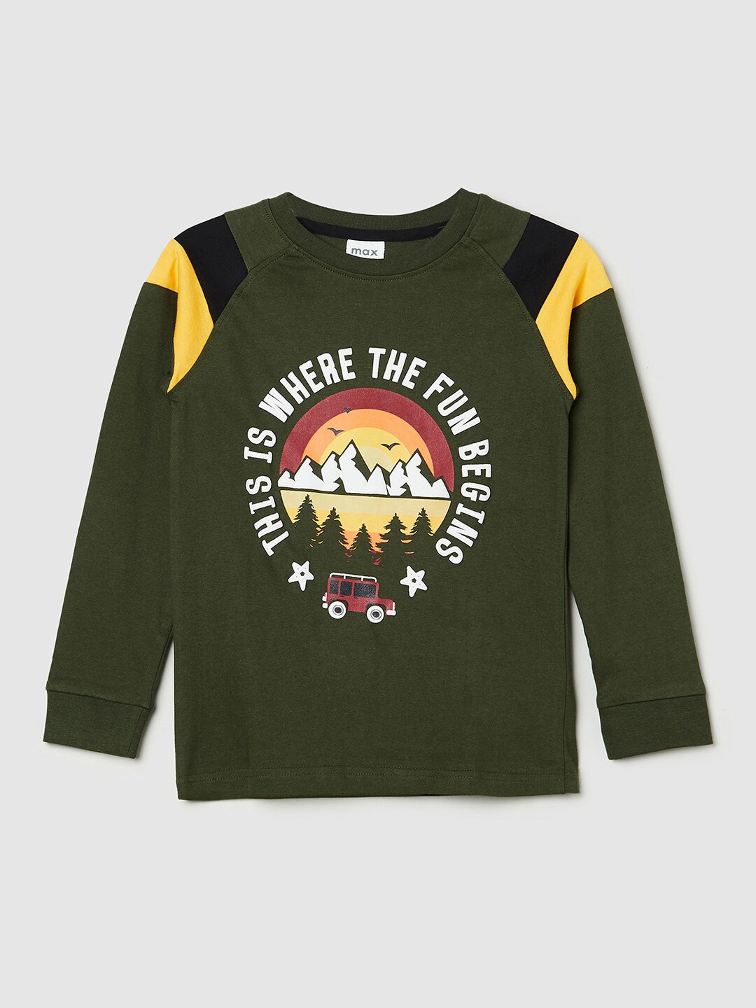 

max Boys Olive Green & Yellow Typography Printed Cotton T-shirt
