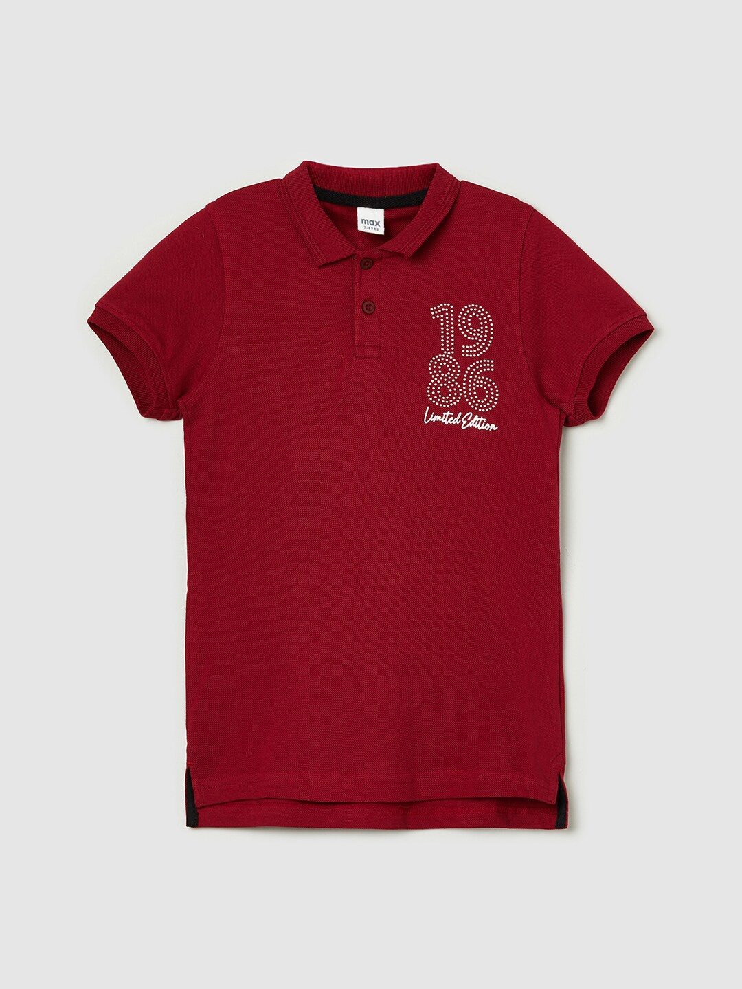 

max Kids-Boys Red Typography Polo Collar Raw Edge T-shirt