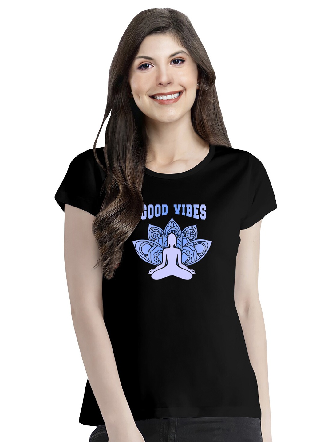 

Pootlu Women Black Buddha Print T-shirt