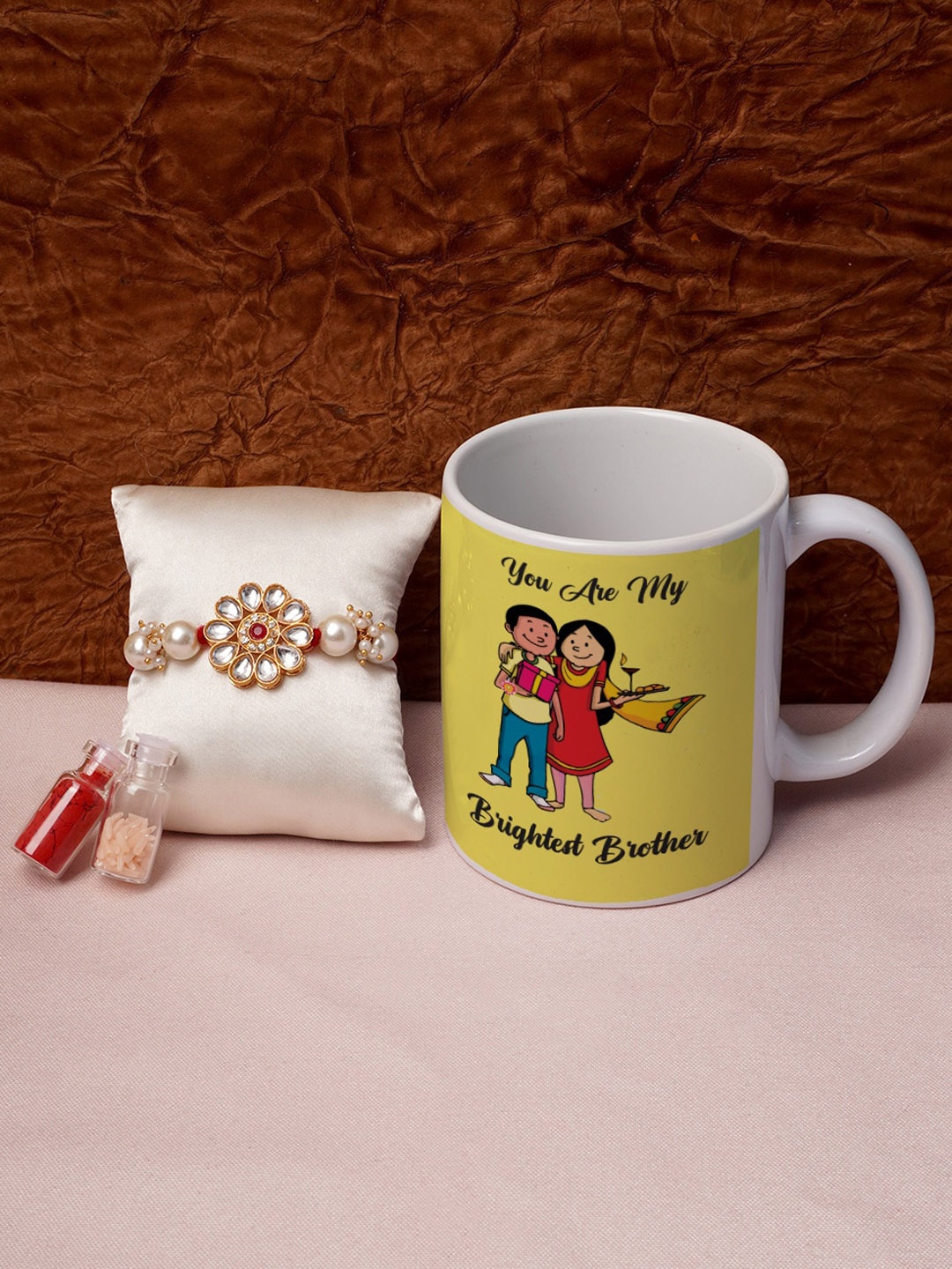 

Crazy Corner Red & Gold-Toned Stone-Studded Rakhi Gift Set a coffee mug
