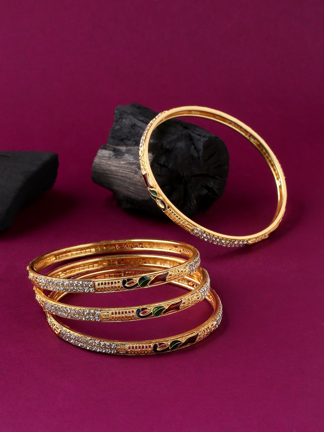 

VIRAASI Set Of 4 White & Green Gold-Plated Stone-Studded Handcrafted Bangles