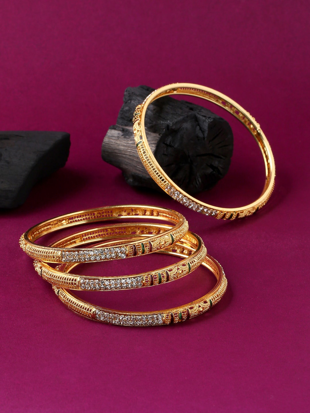 

VIRAASI Set Of 4 Gold-Plated Artificial Stone Studded Bangle