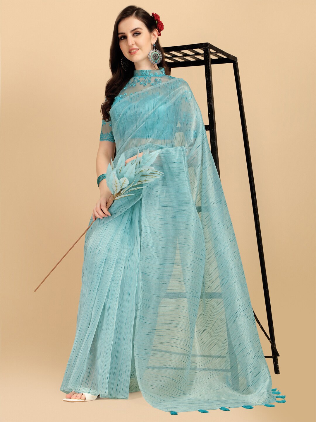 

Sangria Blue Cotton Blend Embellished Saree