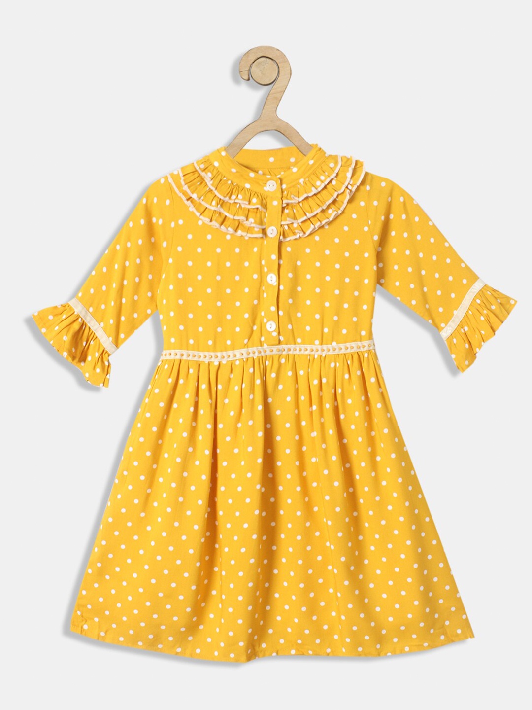 

Bella Moda Girls Mustard Yellow & White Bell Sleeve Empire Dress