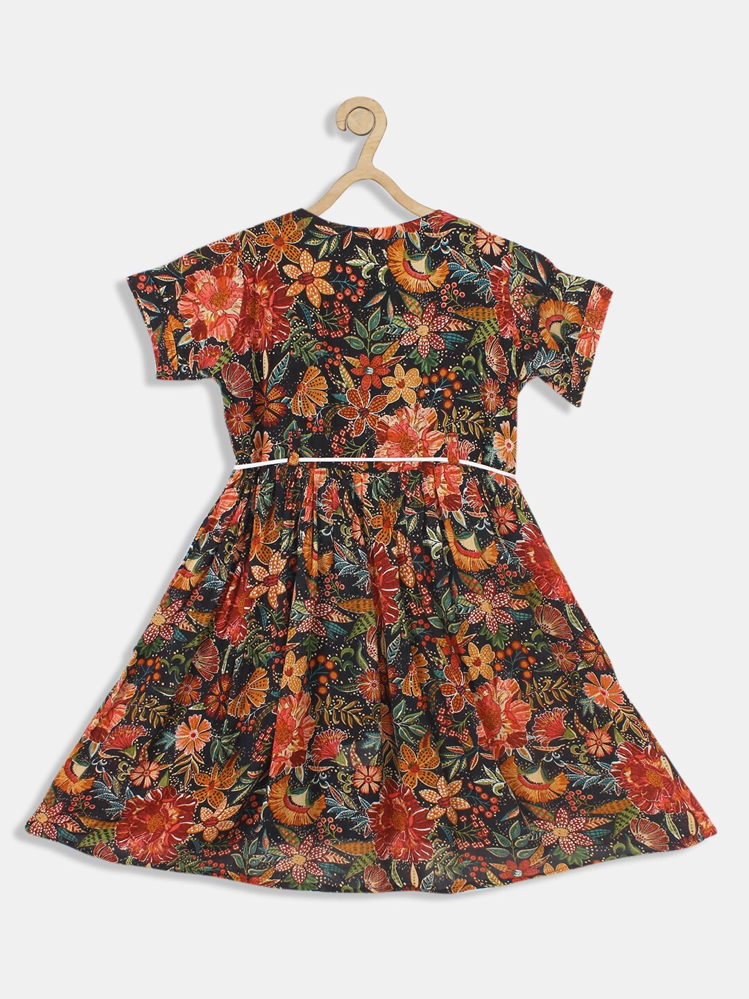 

Bella Moda Kids-Girls Red And Black Fit & Flair Round Neck Cotton Floral Print Dress