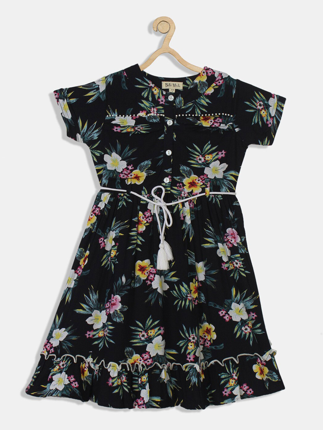 

Bella Moda girls Navy Blue Floral Print Fit & Flare Cotton Casual Wear Girls Dress