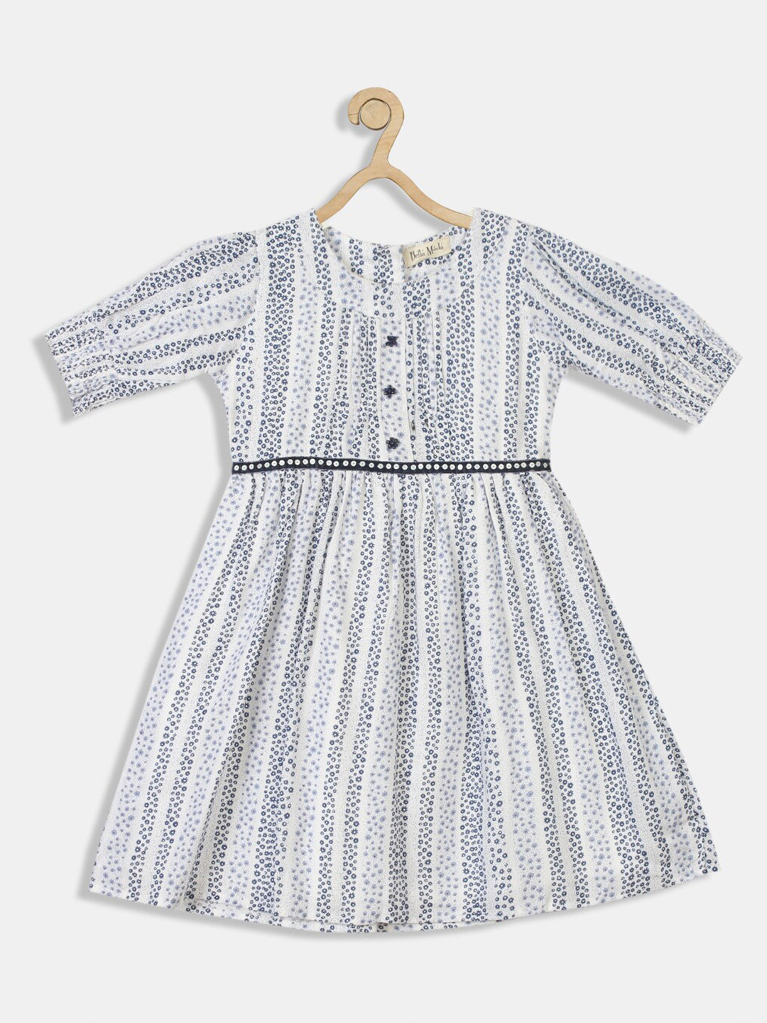 

Bella Moda Girls White & Blue Fit & Flair Round Neck Cotton Floral Print Dress