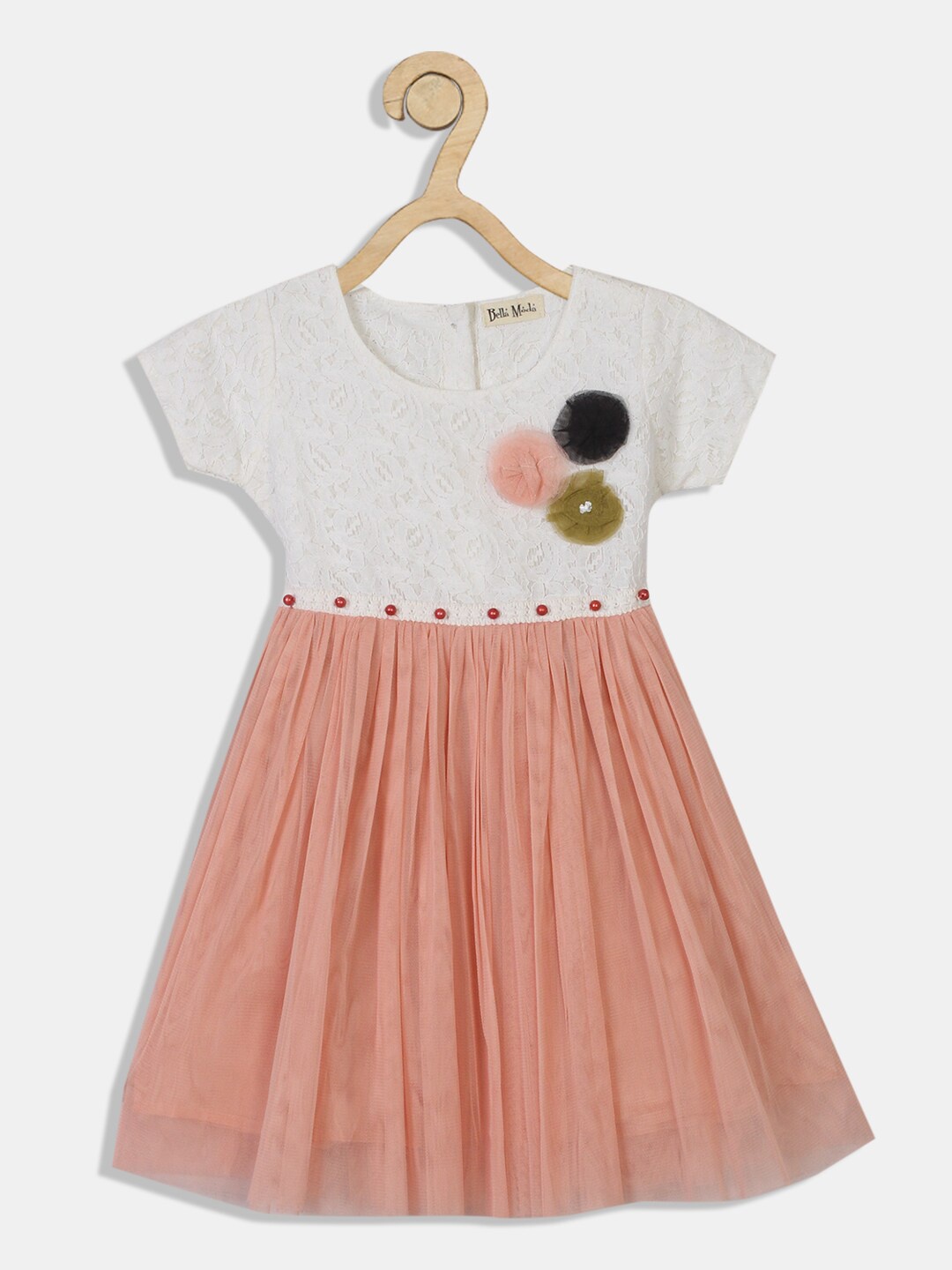 

Bella Moda Girls Peach & White Fit & Flare Cotton Solid Cap Sleeve Party Wear Dress