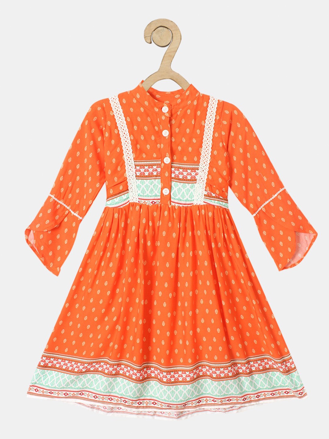 

Bella Moda Girls Orange Ethnic Motifs Fit & Flair Dress