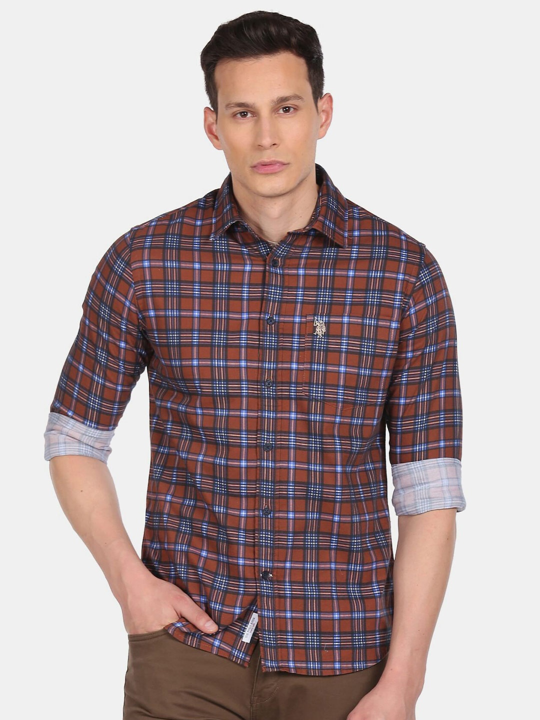 

U S Polo Assn Men Brown Tartan Checks Checked Pure Cotton Casual Shirt