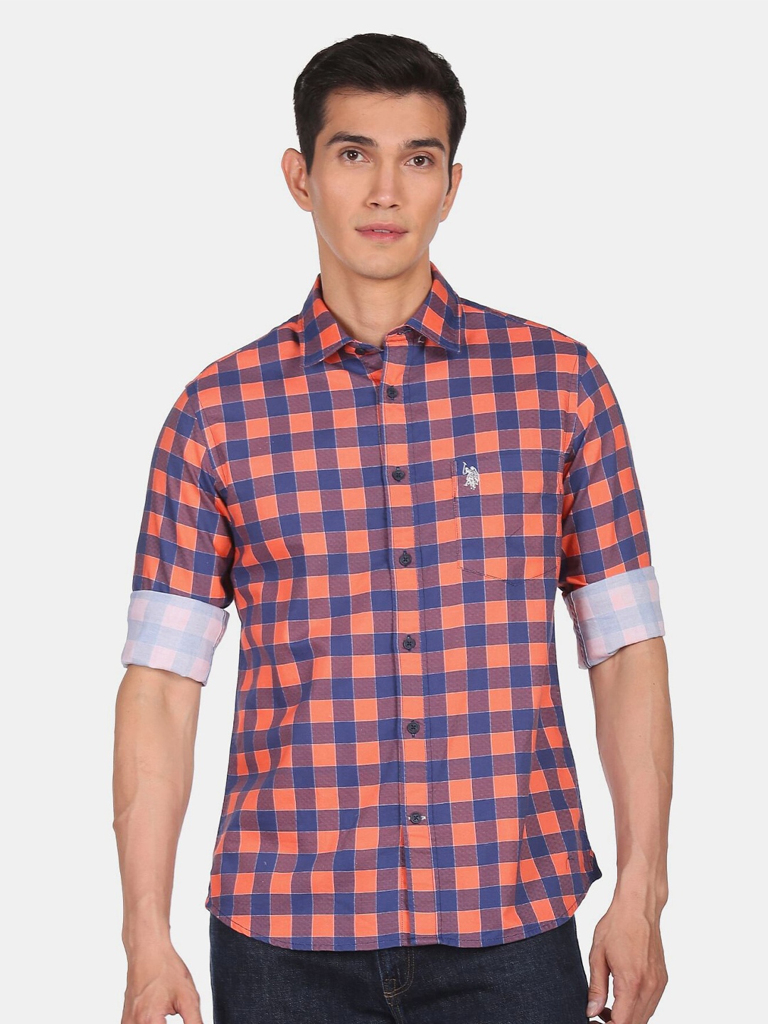 

U S Polo Assn Men Orange, Navy Buffalo Checks Casual Shirt