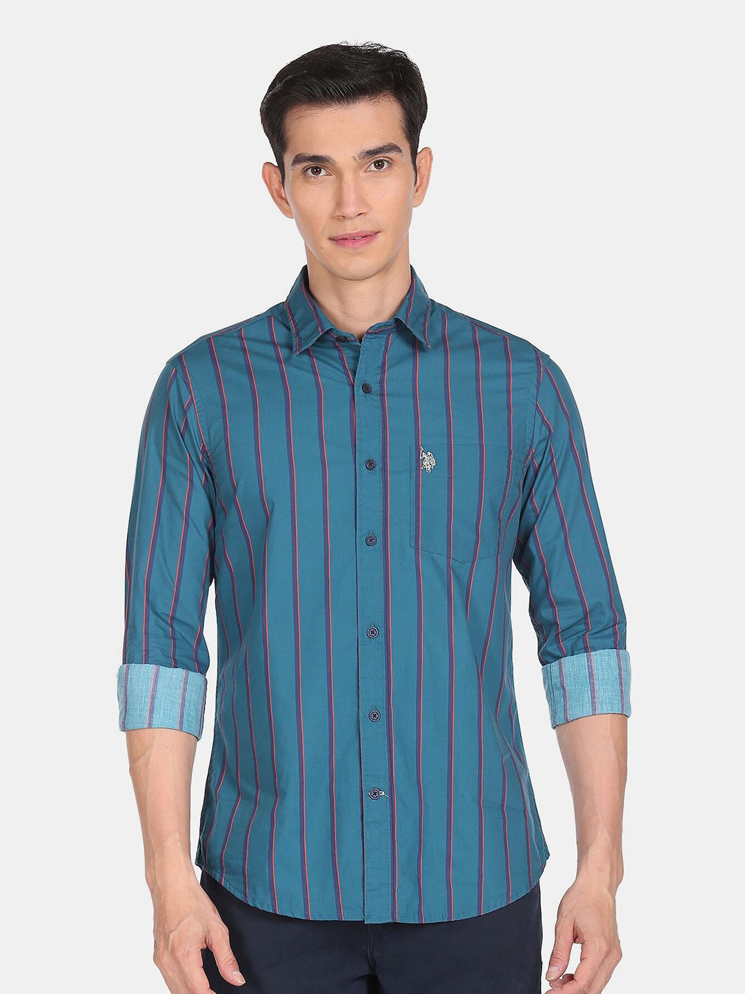 

U S Polo Assn Men Green Striped Casual Shirt