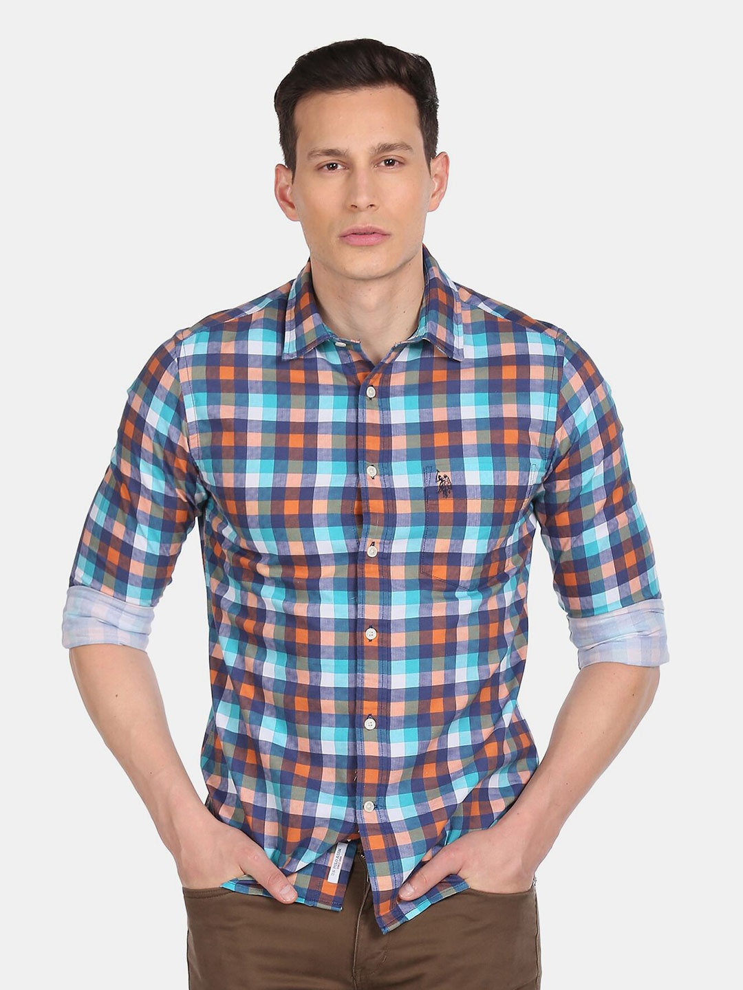 

U S Polo Assn Men Blue Tartan Checks Checked Casual Shirt