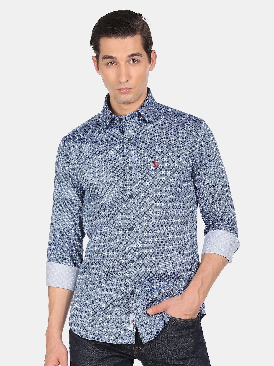 

U S Polo Assn Men Blue Printed Regular Fit Casual Shirt