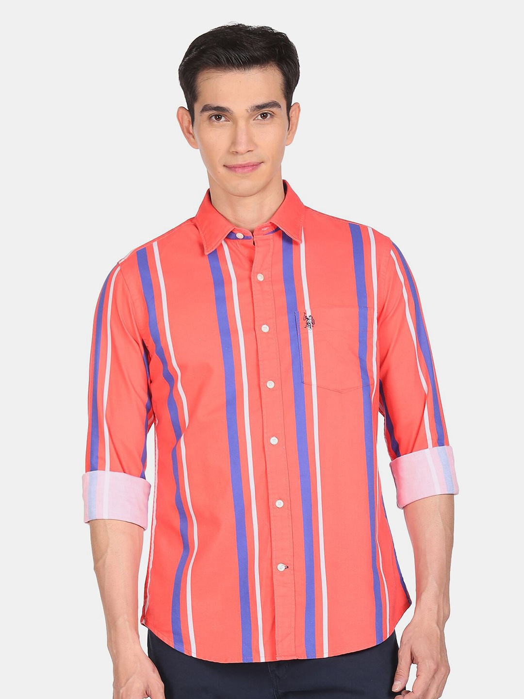 

U S Polo Assn Men Coral and Blue Striped 100% Cotton Casual Shirt