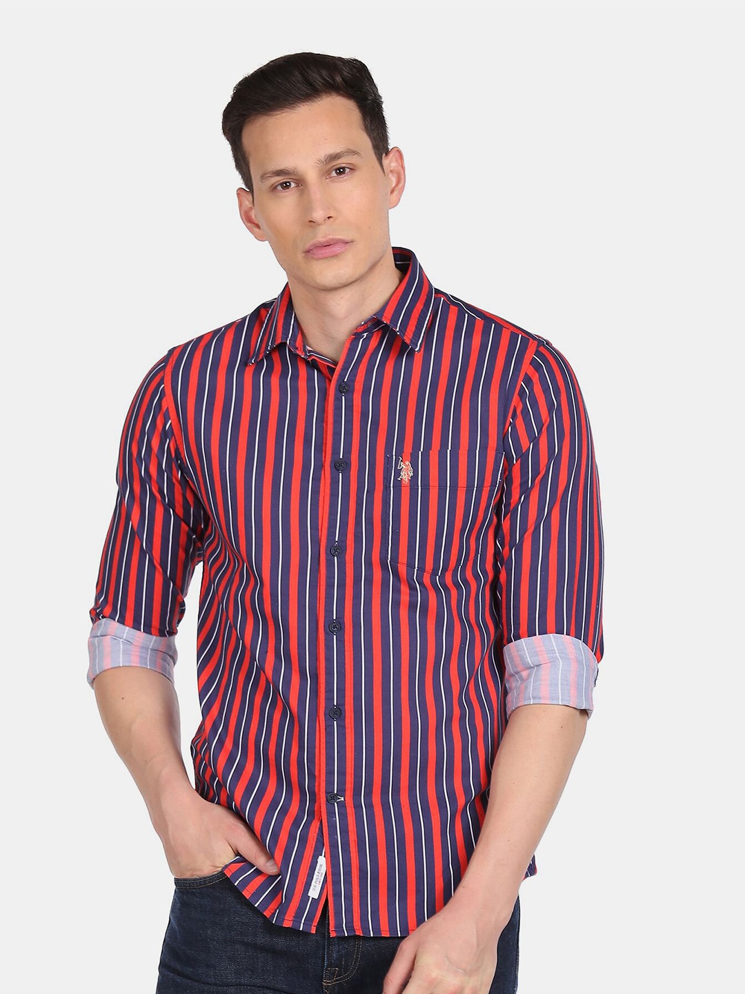 

U S Polo Assn Men Blue Striped Casual Shirt