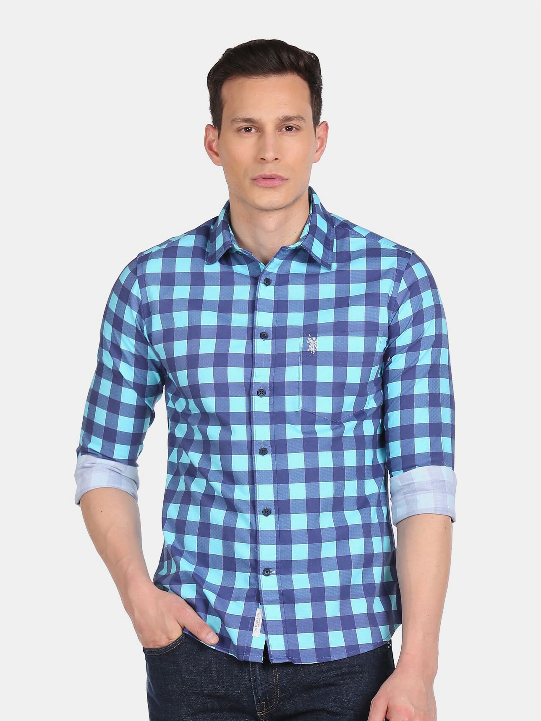 

U S Polo Assn Men Blue Gingham Checks Patch Pocket Checked Casual Shirt