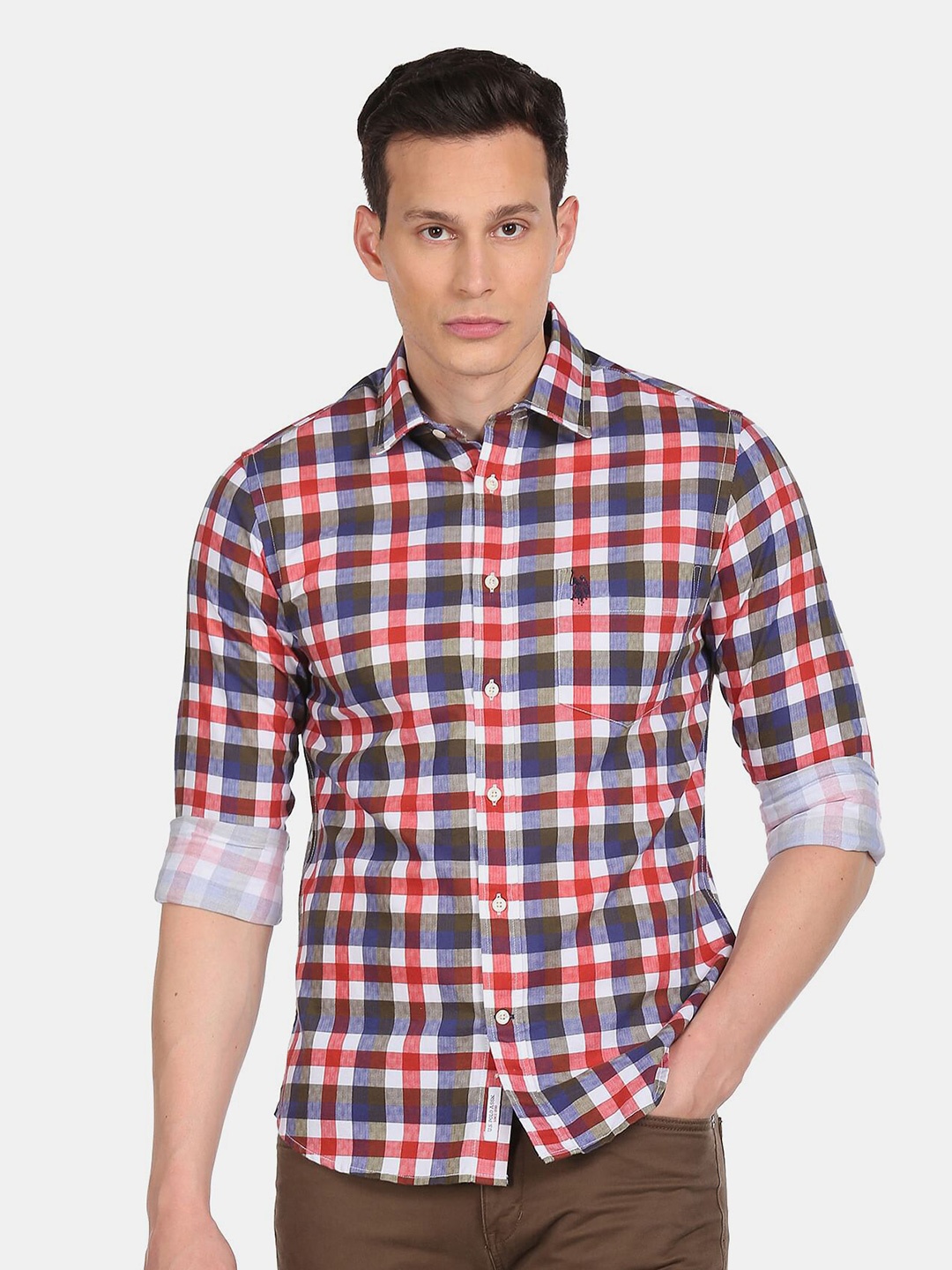 

U S Polo Assn Men Red Checked Pure Cotton Casual Shirt