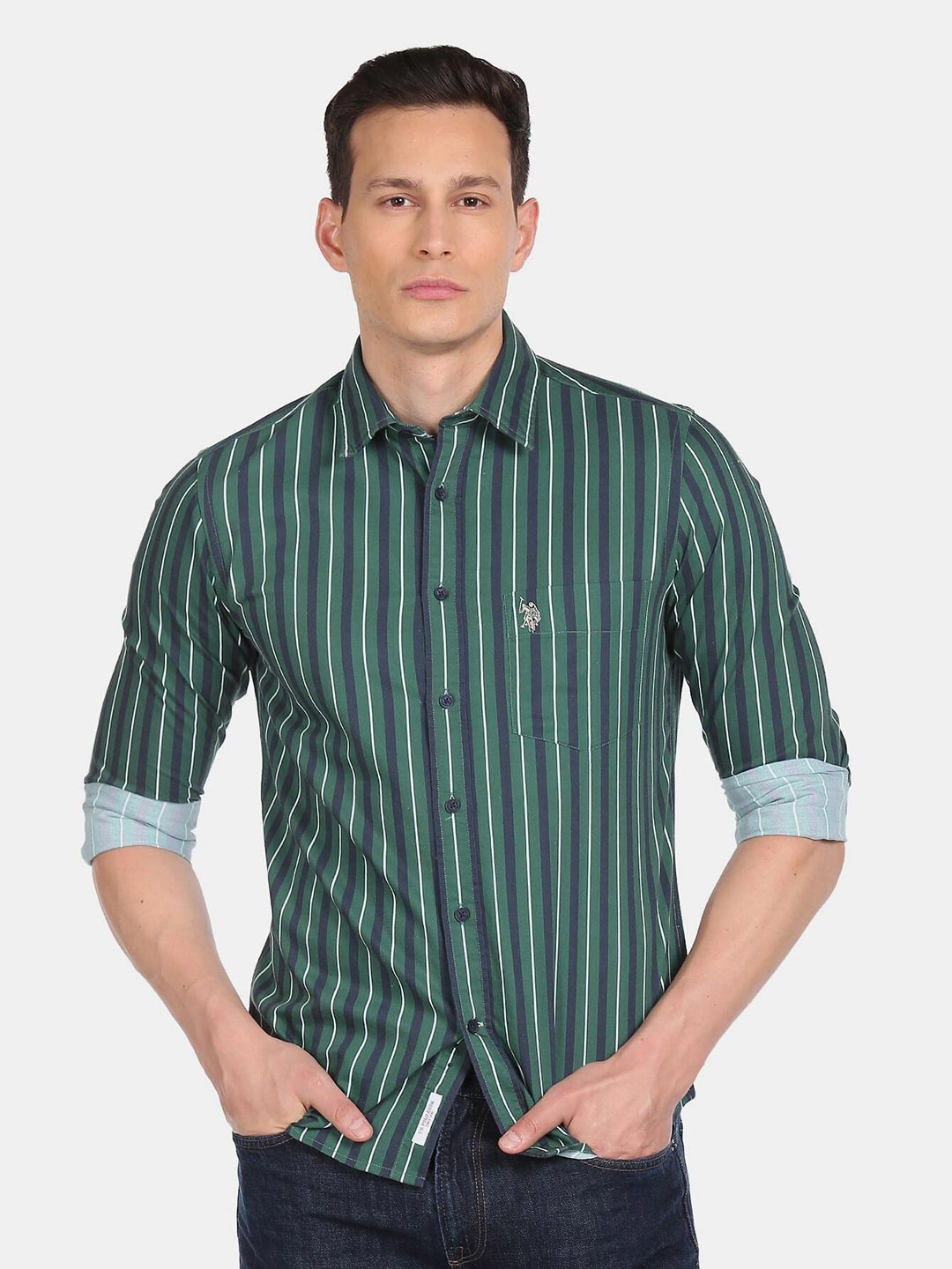 

U S Polo Assn Men Green Striped Casual Shirt