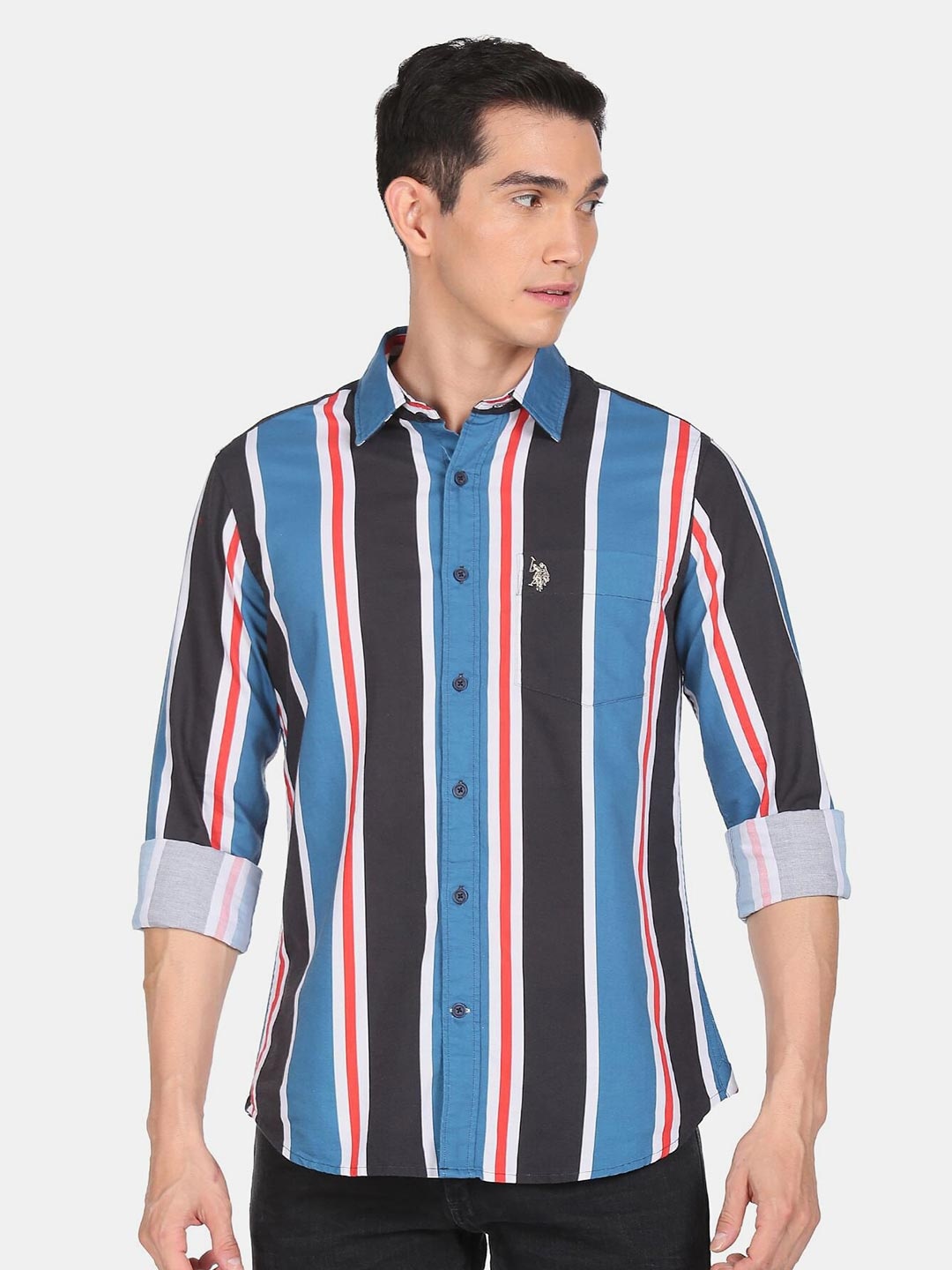 

U S Polo Assn Men Teal Pure Cotton Multi Stripes Striped Casual Shirt