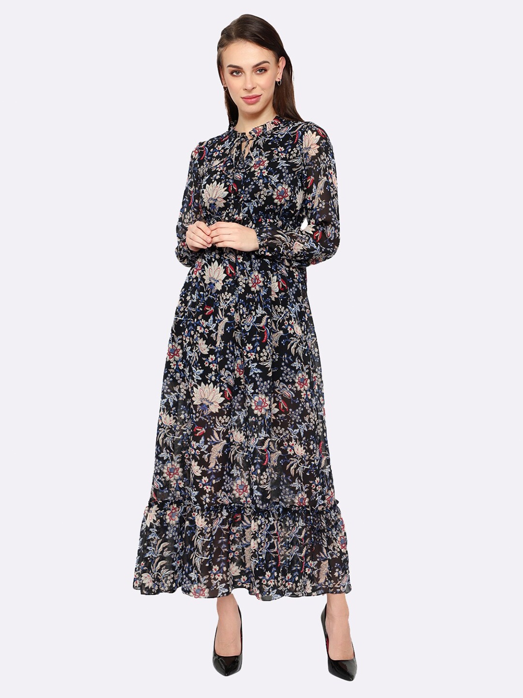 

shashvi Blue Floral Printed Tie-Up Neck Crepe Fit & Flare Maxi Dress