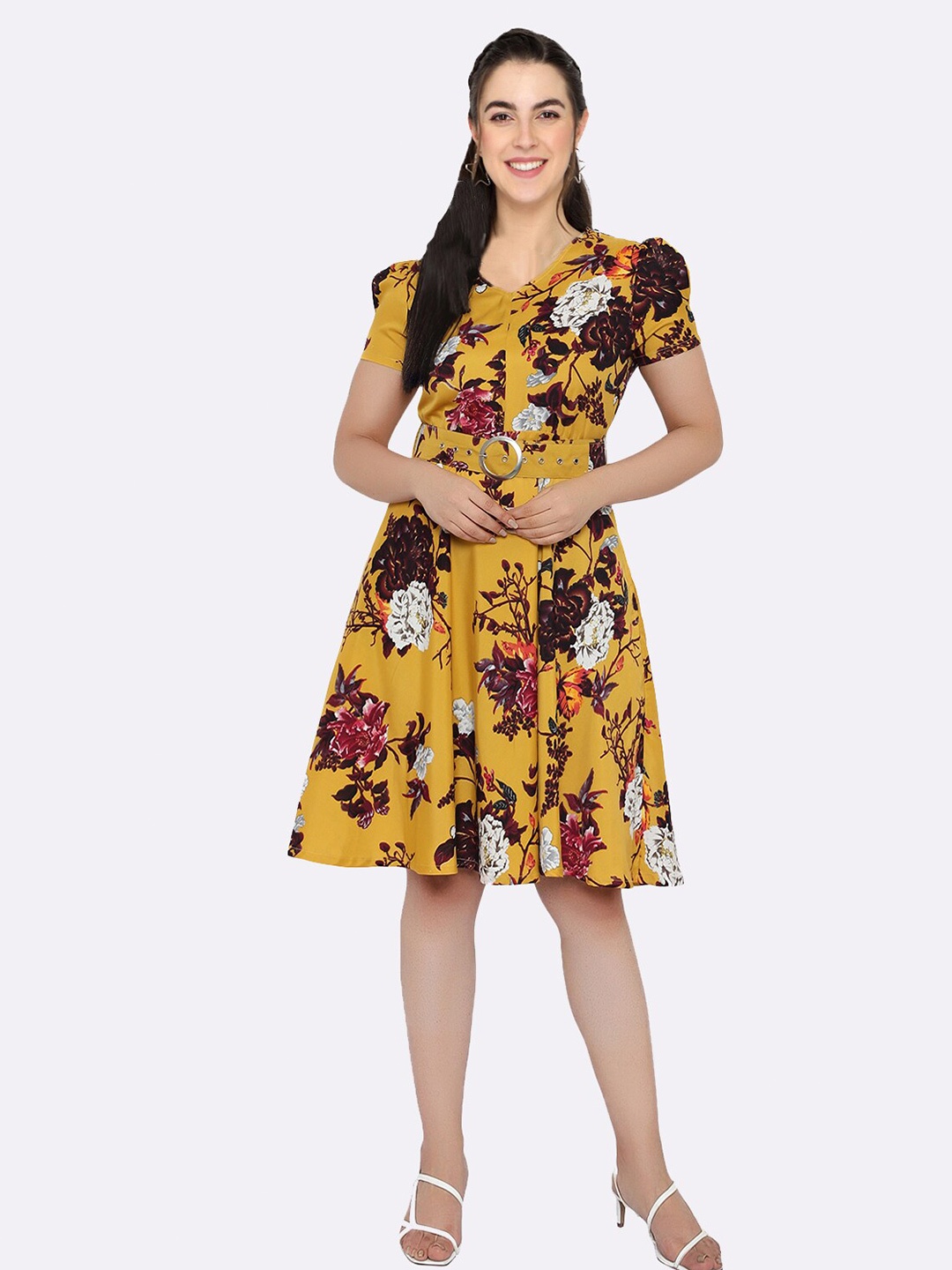 

shashvi Yellow & Brown Floral Crepe Casual Fit and Flare Dress