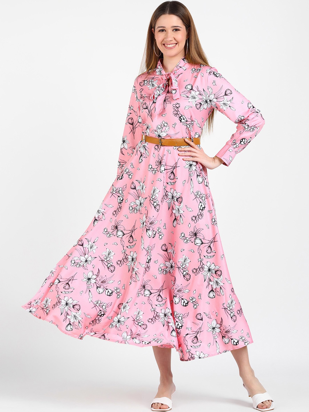 

shashvi Pink & White Floral Tie-Up Neck Crepe Maxi Dress