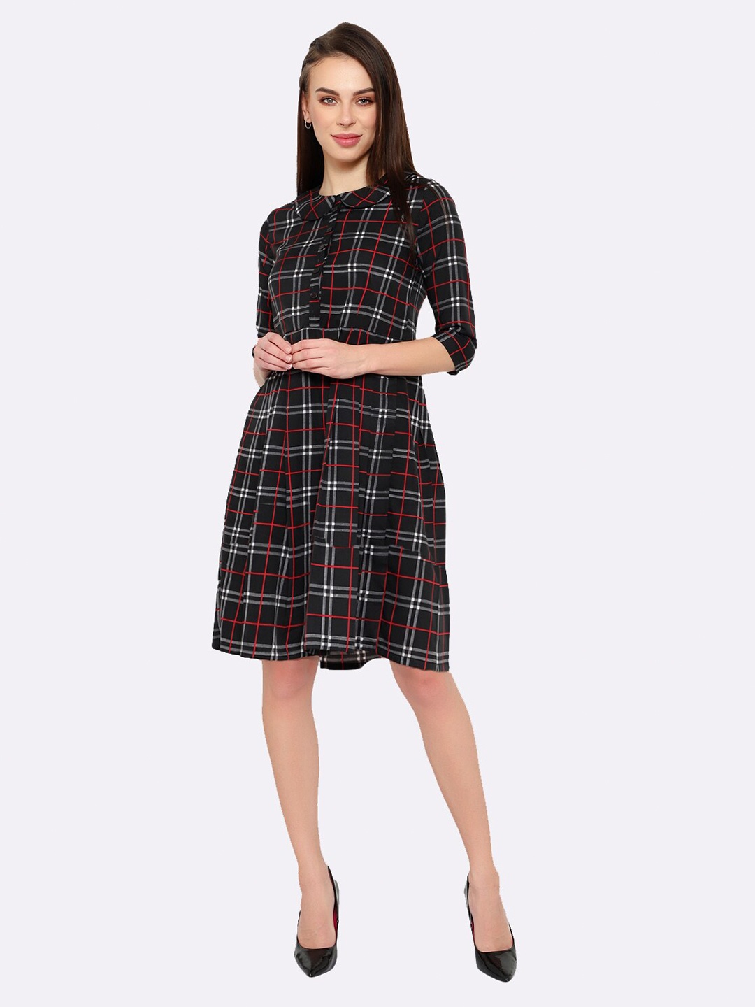 

shashvi Black & french middle red purple Checked Fit & Flare Crepe Dress