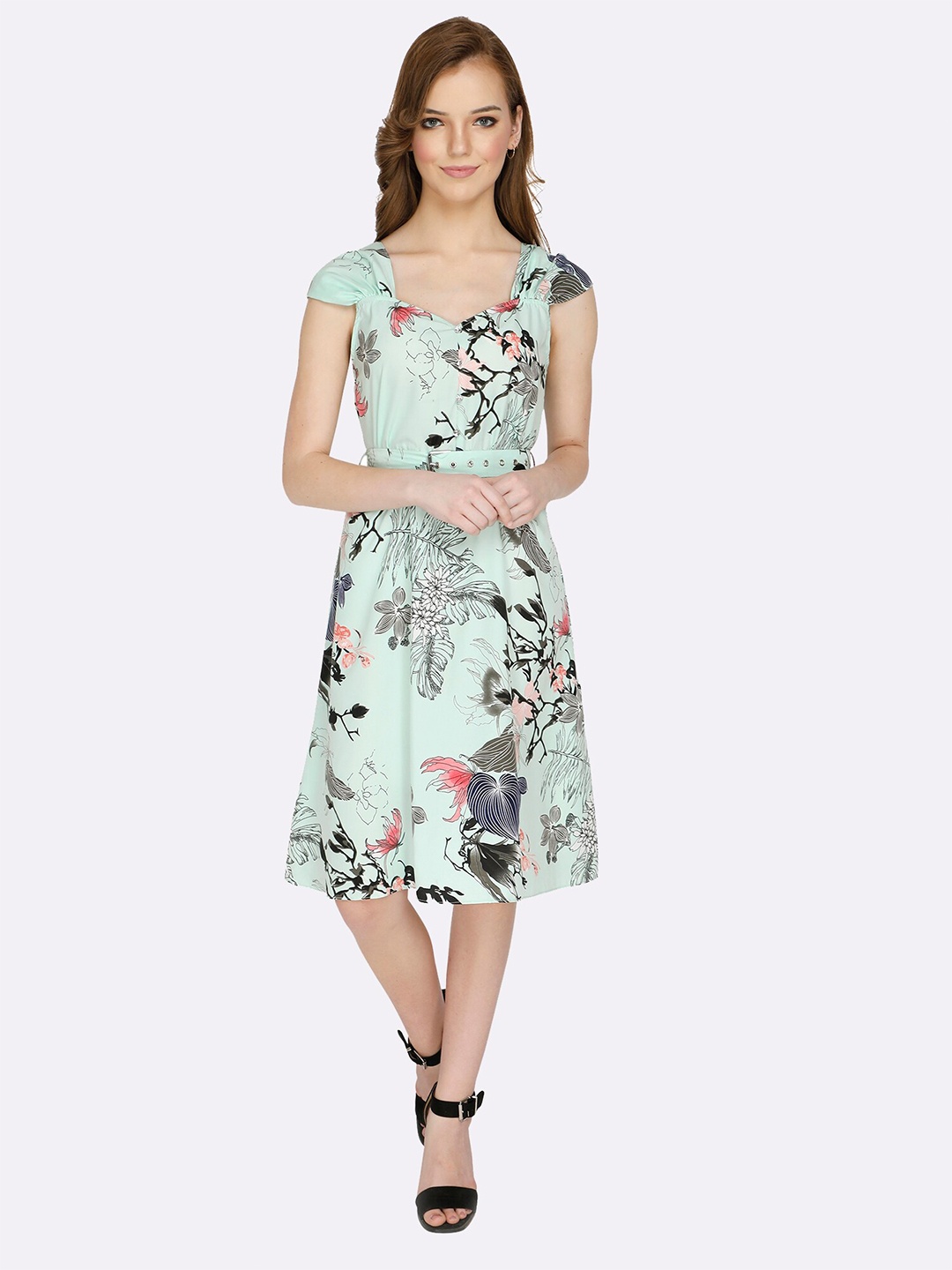 

Shashvi Women Green Floral Crepe Midi Dress With Belt