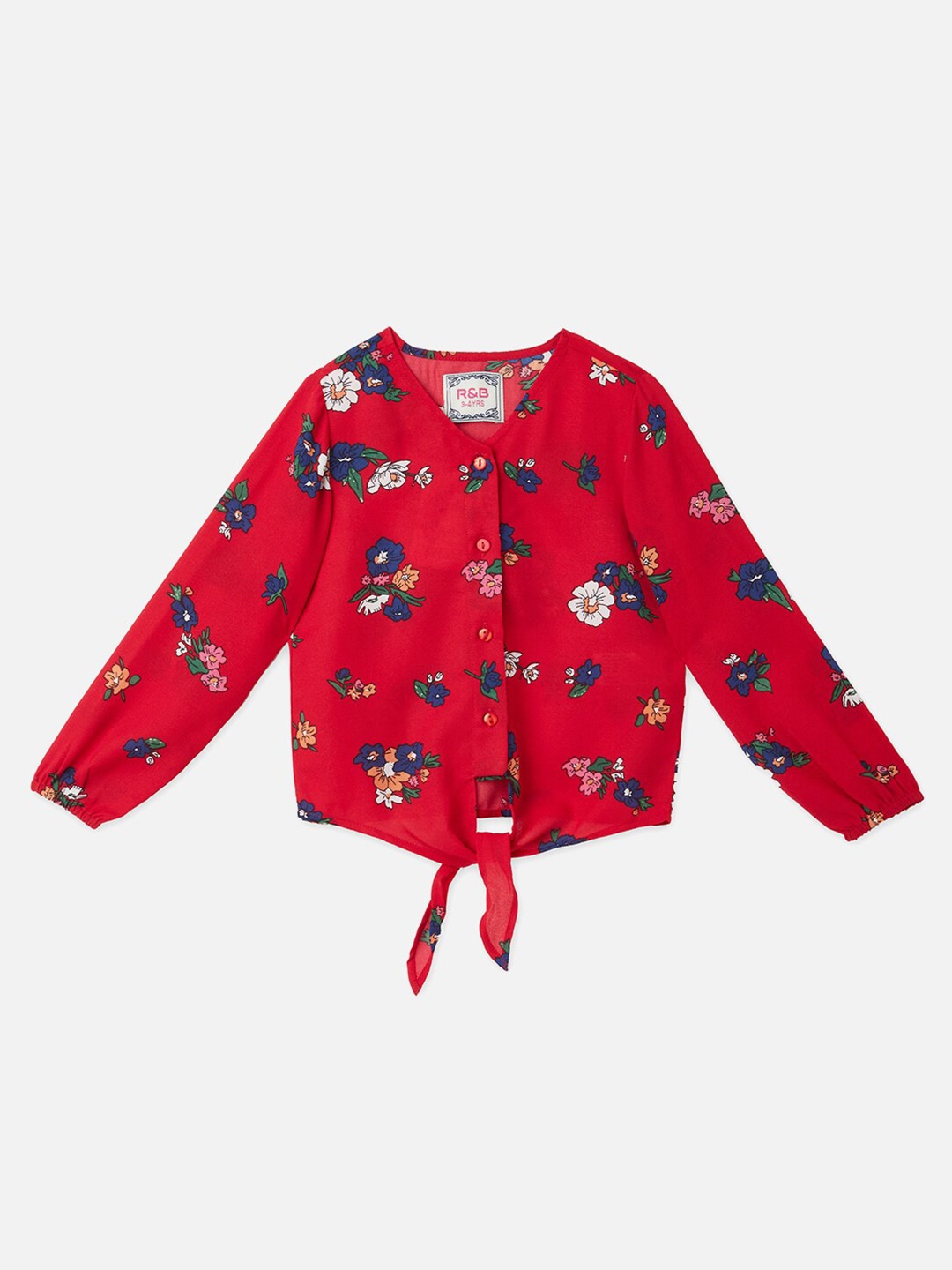 

R&B Girls Red Floral Printed Waist Tie-Ups Top