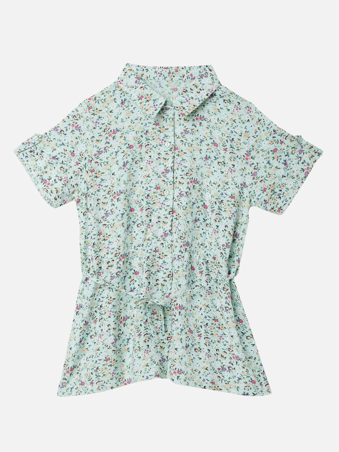 

R&B Sea Green Floral Printed Roll-Up Sleeves Shirt Style Top