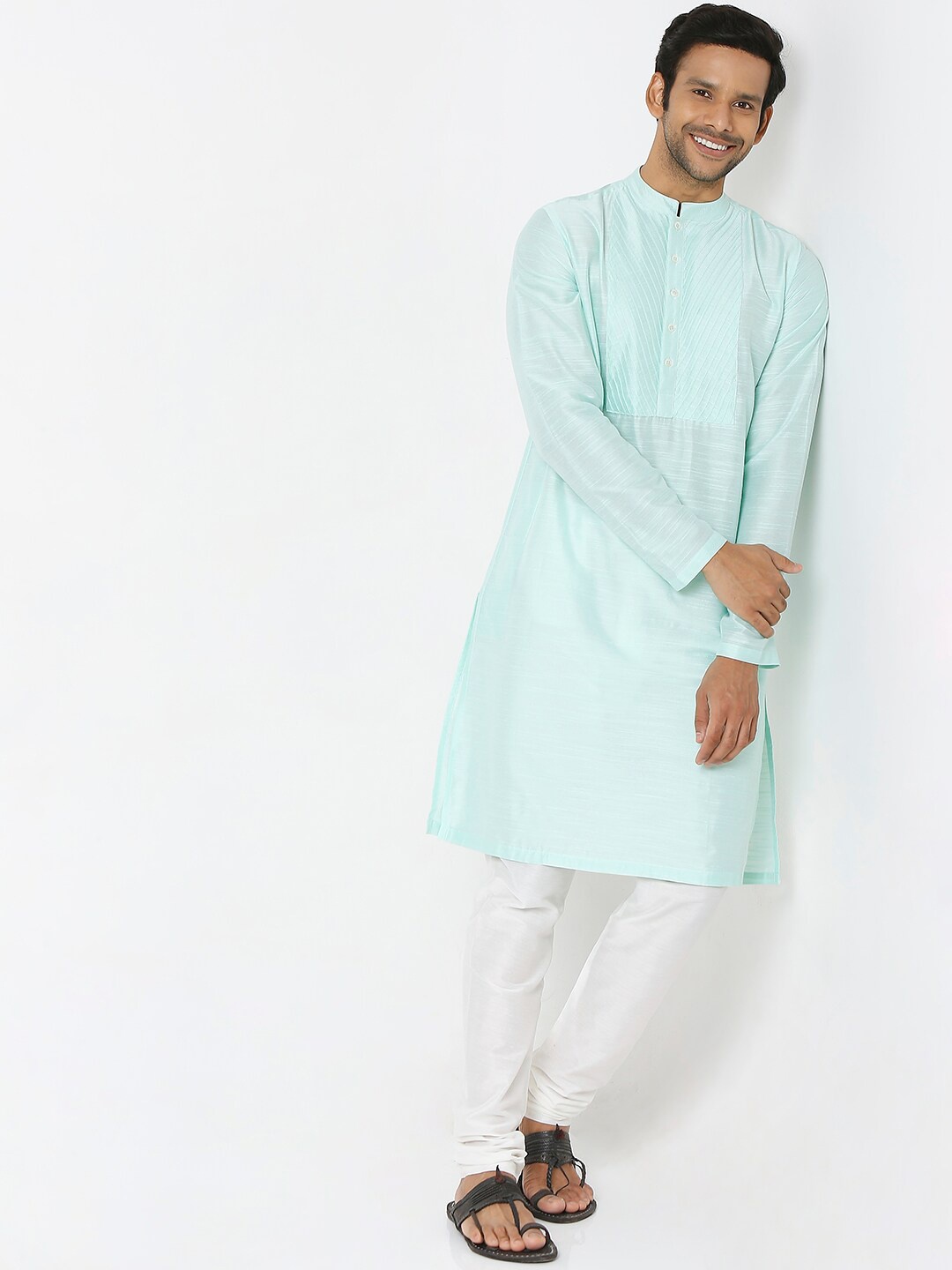 Ethnicity Men Sea Green Solid Straight Kurta
