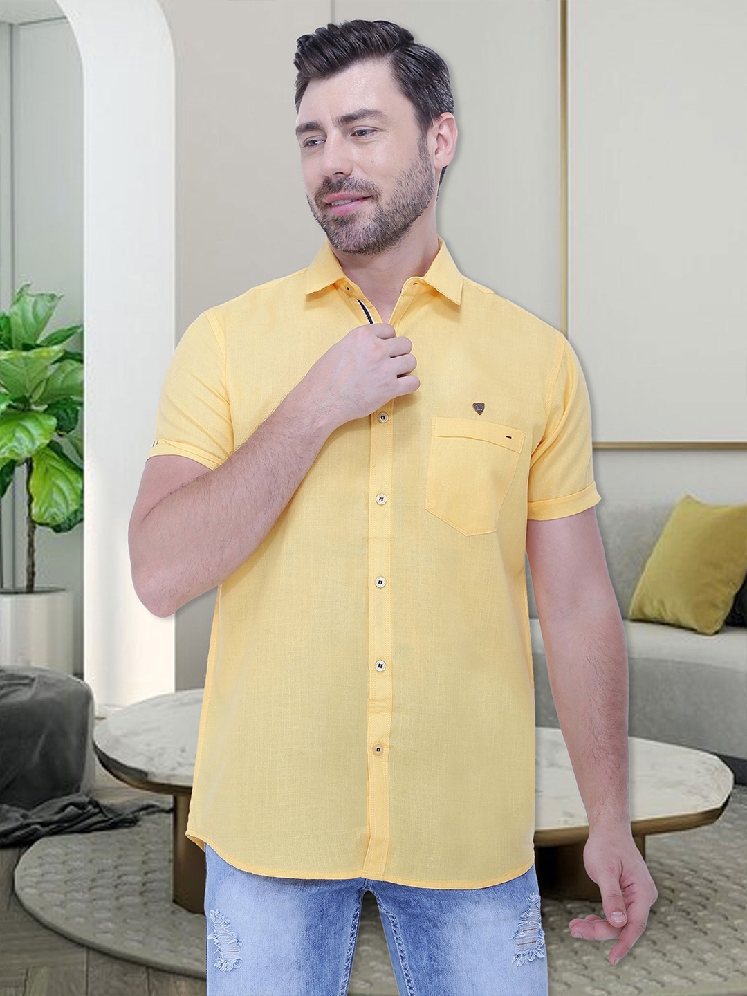 

Kuons Avenue Men Yellow Smart Slim Fit Linen Blend Casual Shirt