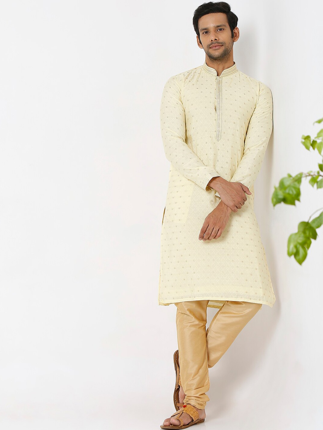 

Ethnicity Men Peach-Coloured & Yellow Kurta with Pyjamas