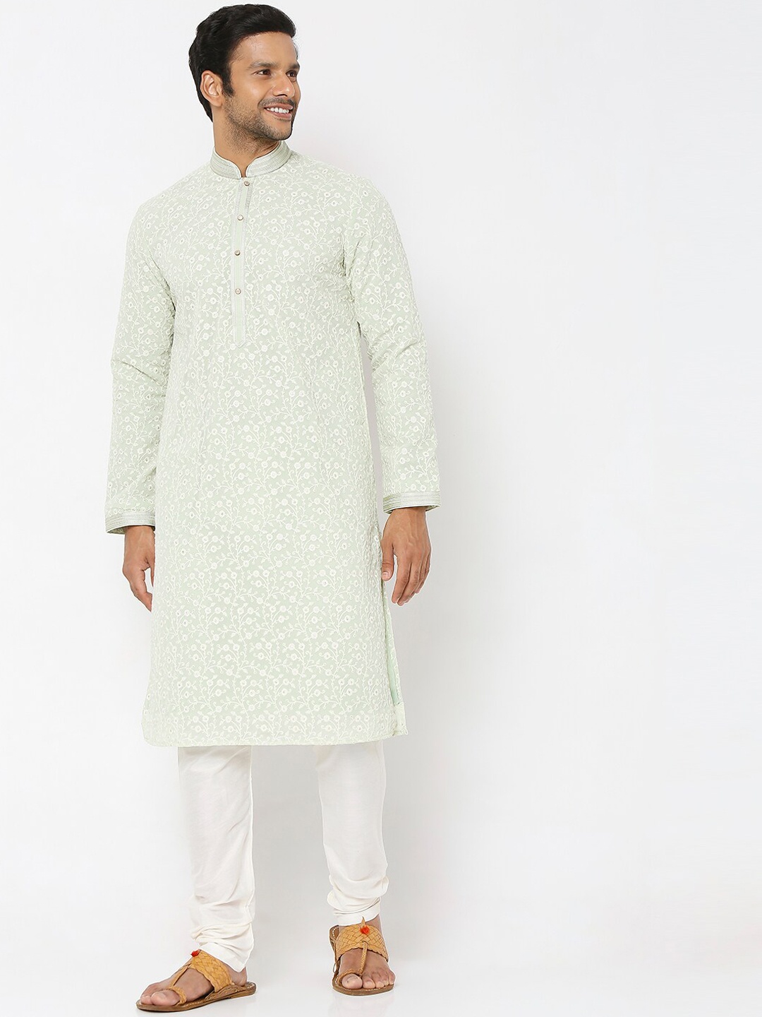 

Ethnicity Men Green Floral Kurta with Churidar