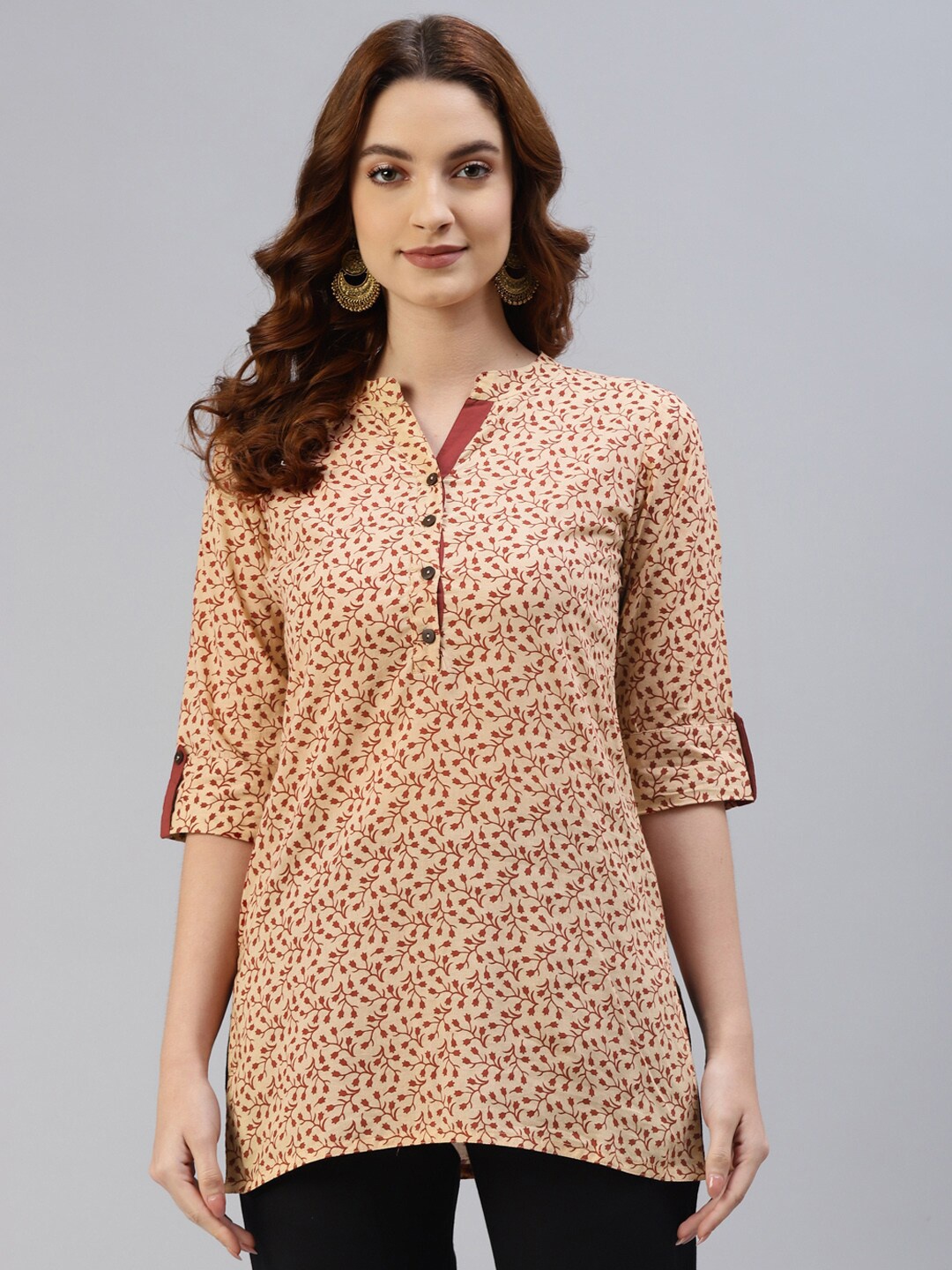

IRIDAA JAIPUR Beige & Red Mandarin Collar Printed Tunic