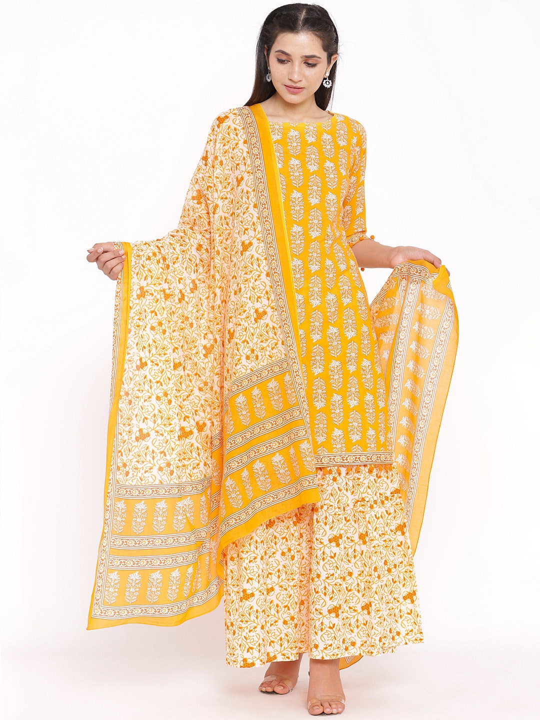 

IRIDAA JAIPUR Women Yellow Floral Printed Pure Cotton Kurta with Palazzos & With Dupatta