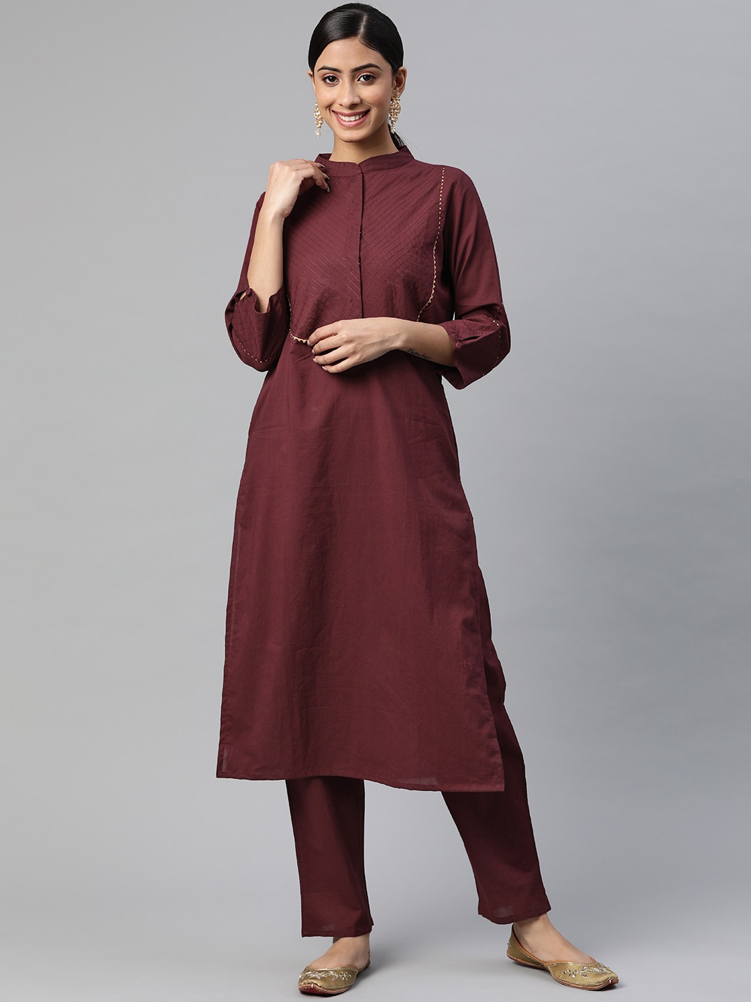 

IRIDAA JAIPUR Women Maroon Thread Work Pure Cotton Kurta with Trousers
