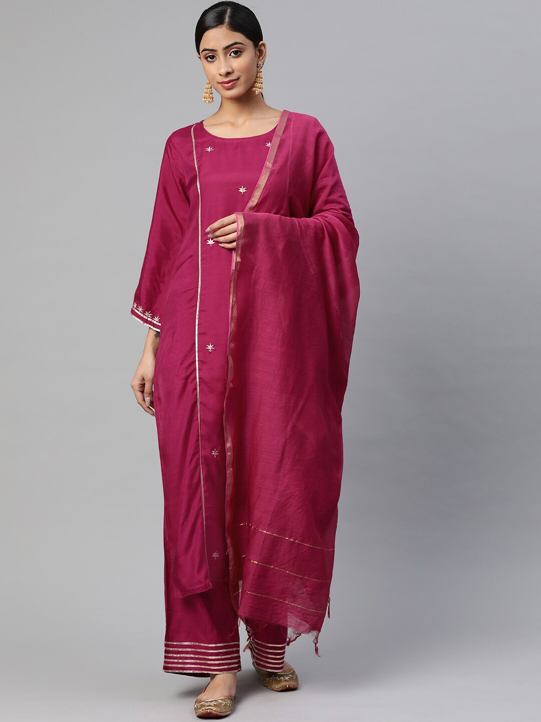 

IRIDAA JAIPUR Women Pink Floral Embroidered Panelled Kurti, Trousers & With Dupatta set