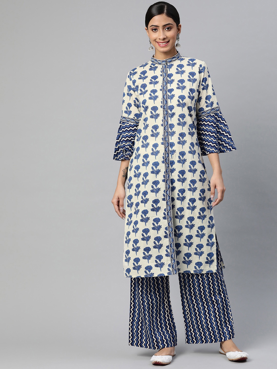 

IRIDAA JAIPUR Women Blue Beige Floral Printed Pure Cotton Kurta with Palazzos