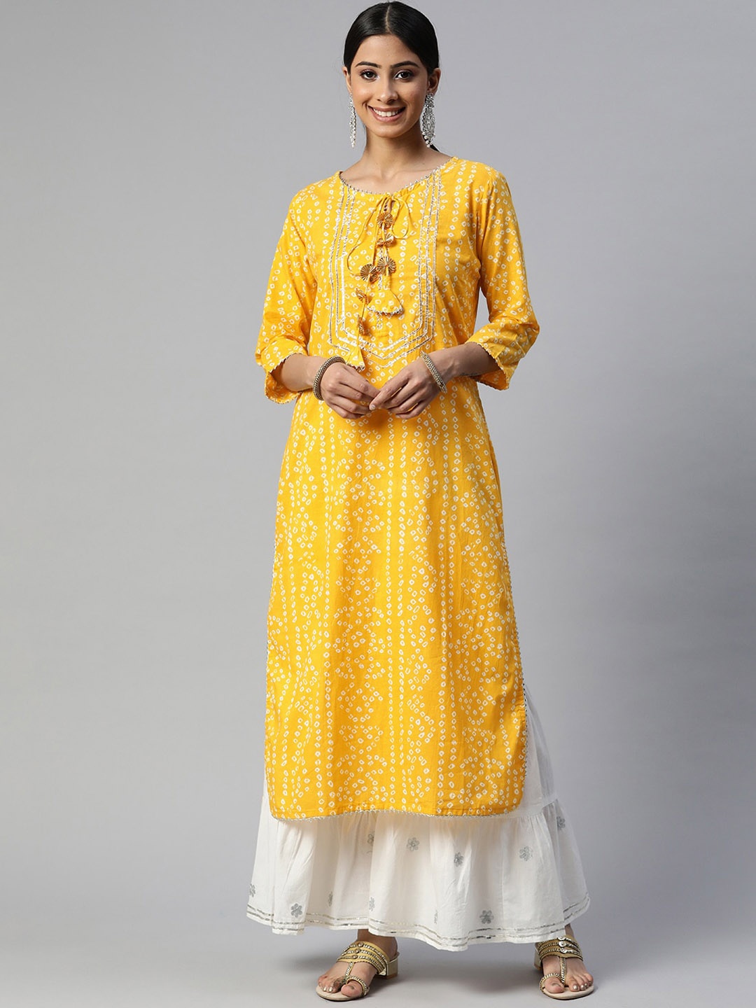 

IRIDAA JAIPUR Women Yellow Yoke Design Pure Cotton Kurti with Sharara