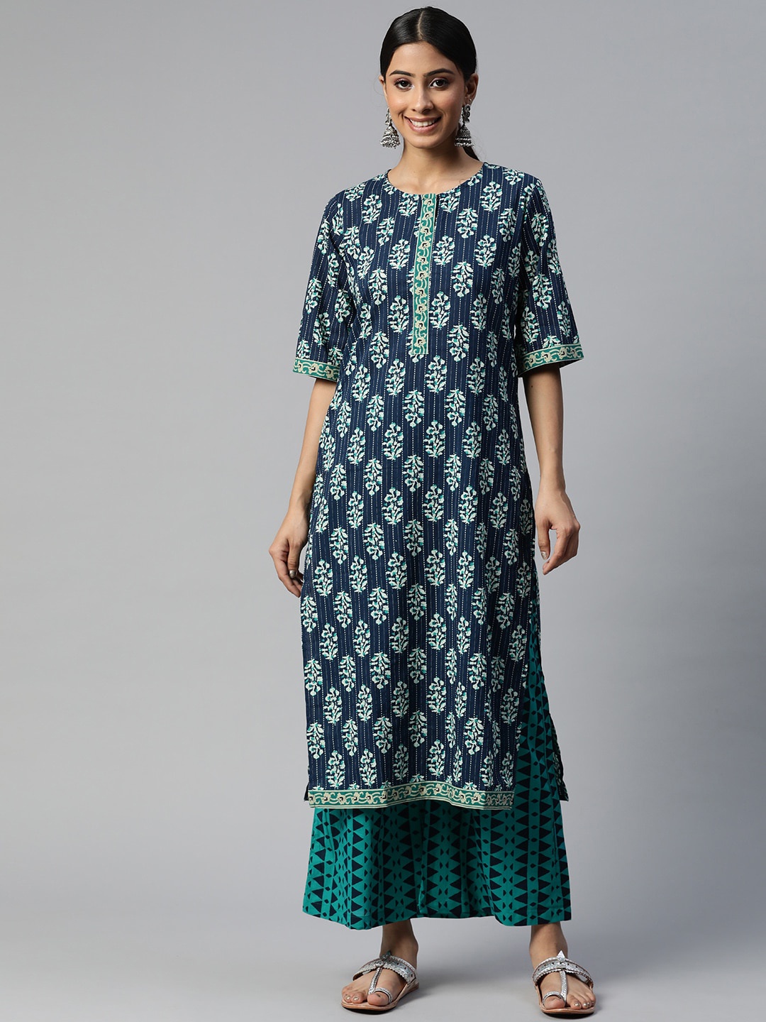

IRIDAA JAIPUR Women Navy Blue Floral Printed Pure Cotton Kurta with Palazzos
