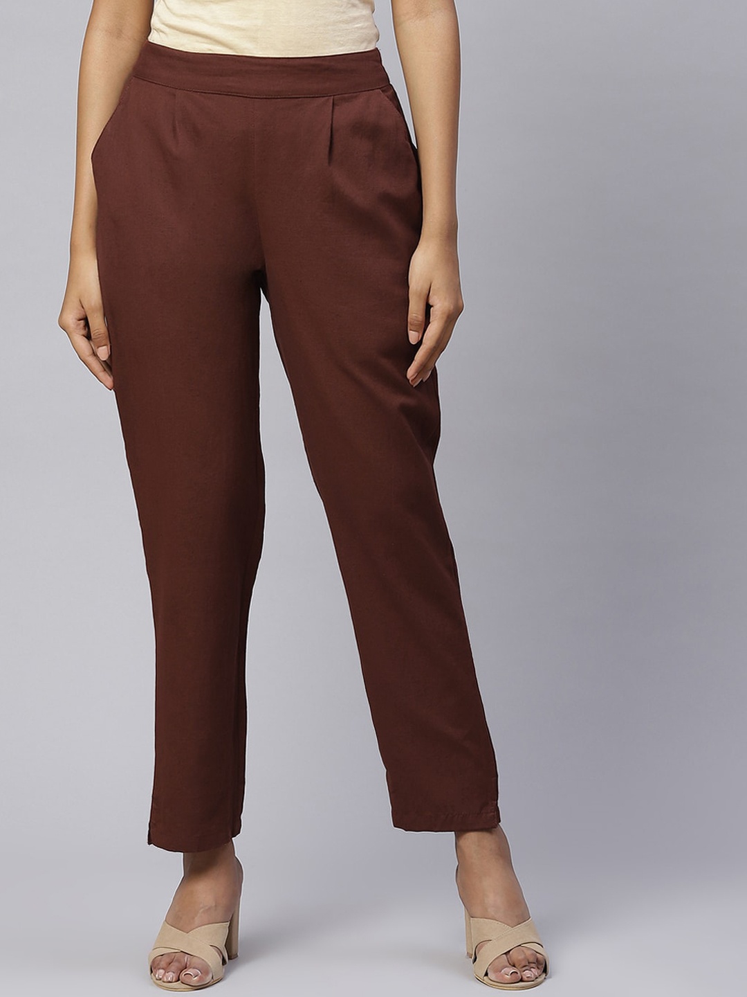 

IRIDAA JAIPUR Women Cotton Flax Solid Straight Brown Pleated Trousers