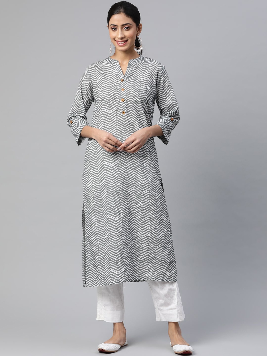 

IRIDAA JAIPUR Women Grey Printed Panelled Pure Cotton Kurta with Trousers