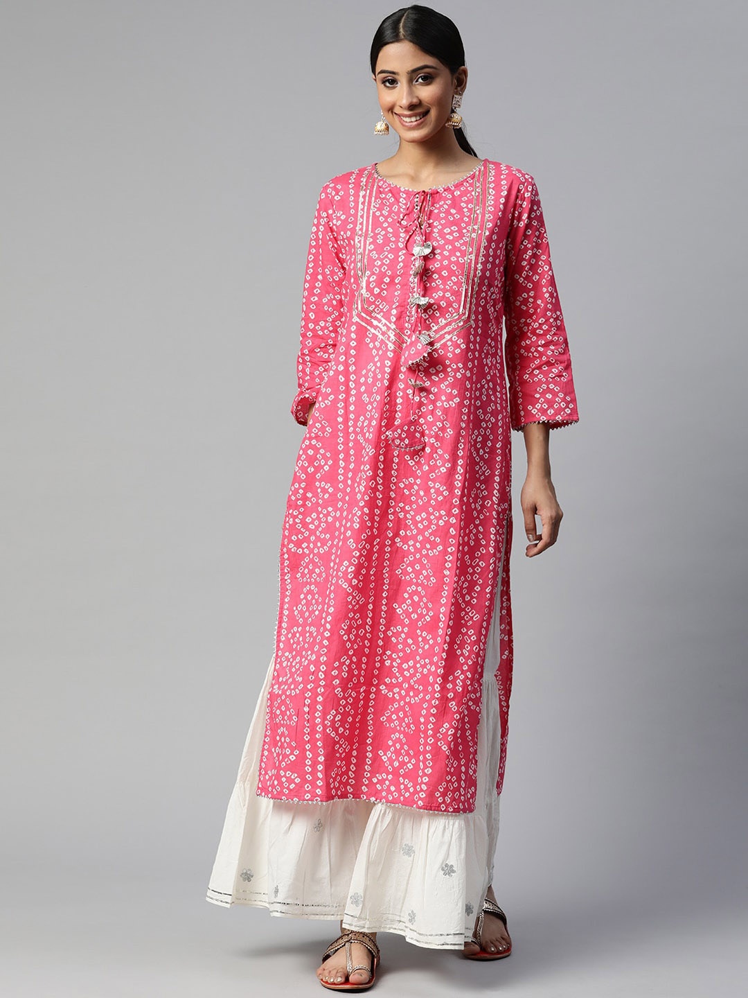 IRIDAA JAIPUR Women Pink Striped Pleated Pure Cotton Kurti with Sharara