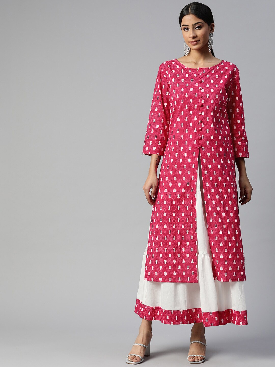 

IRIDAA JAIPUR Women Pink Ethnic Motifs Printed High Slit Pure Cotton Kurta with Palazzos