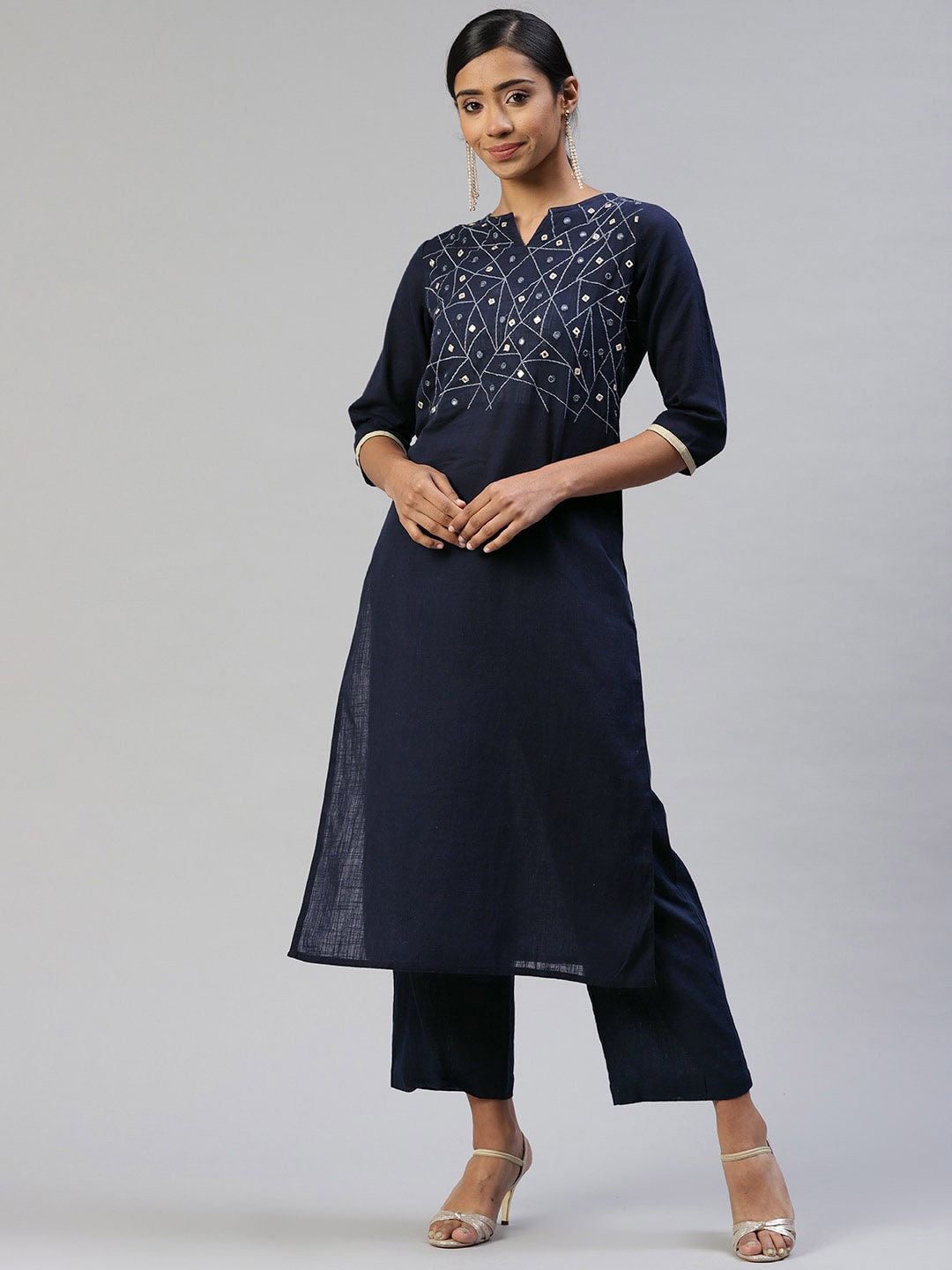

IRIDAA JAIPUR Women Navy Blue Yoke Design Mirror Work Pure Cotton Kurta Set Plus Size