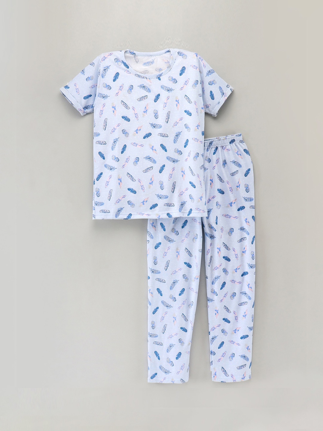 

FUNKRAFTS Girls Half Sleeves 100% Cotton Feather Print Nightwear Set, Blue