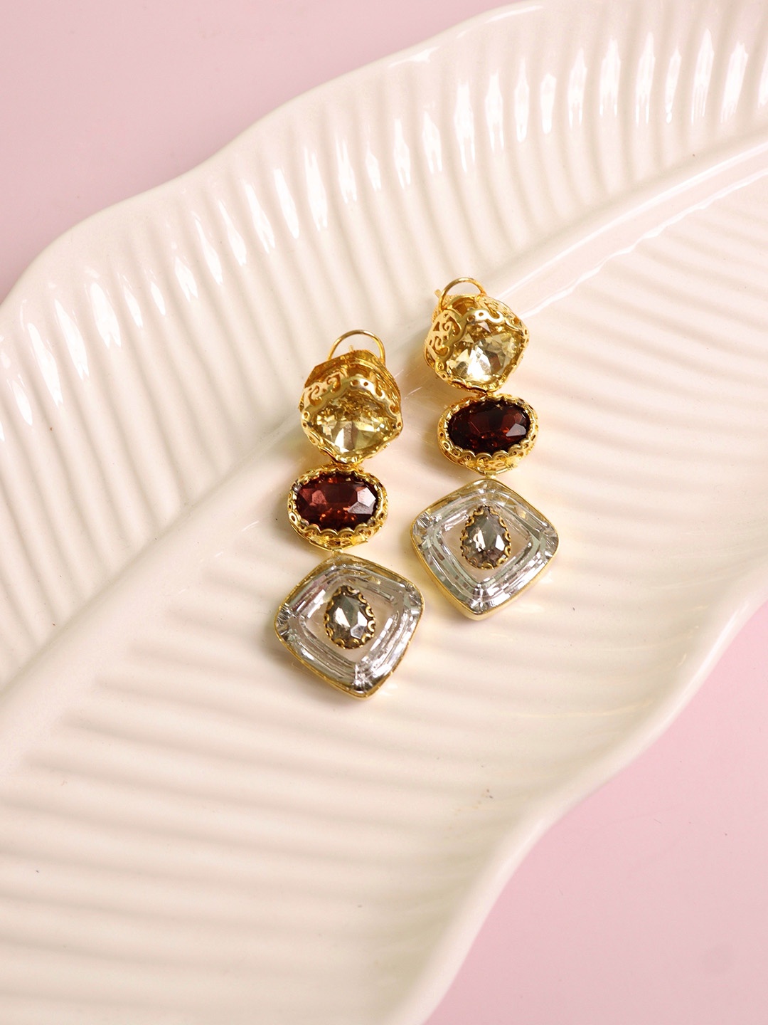 

CURIO COTTAGE Women White ,Brown and Gold Toned Drop Earrings