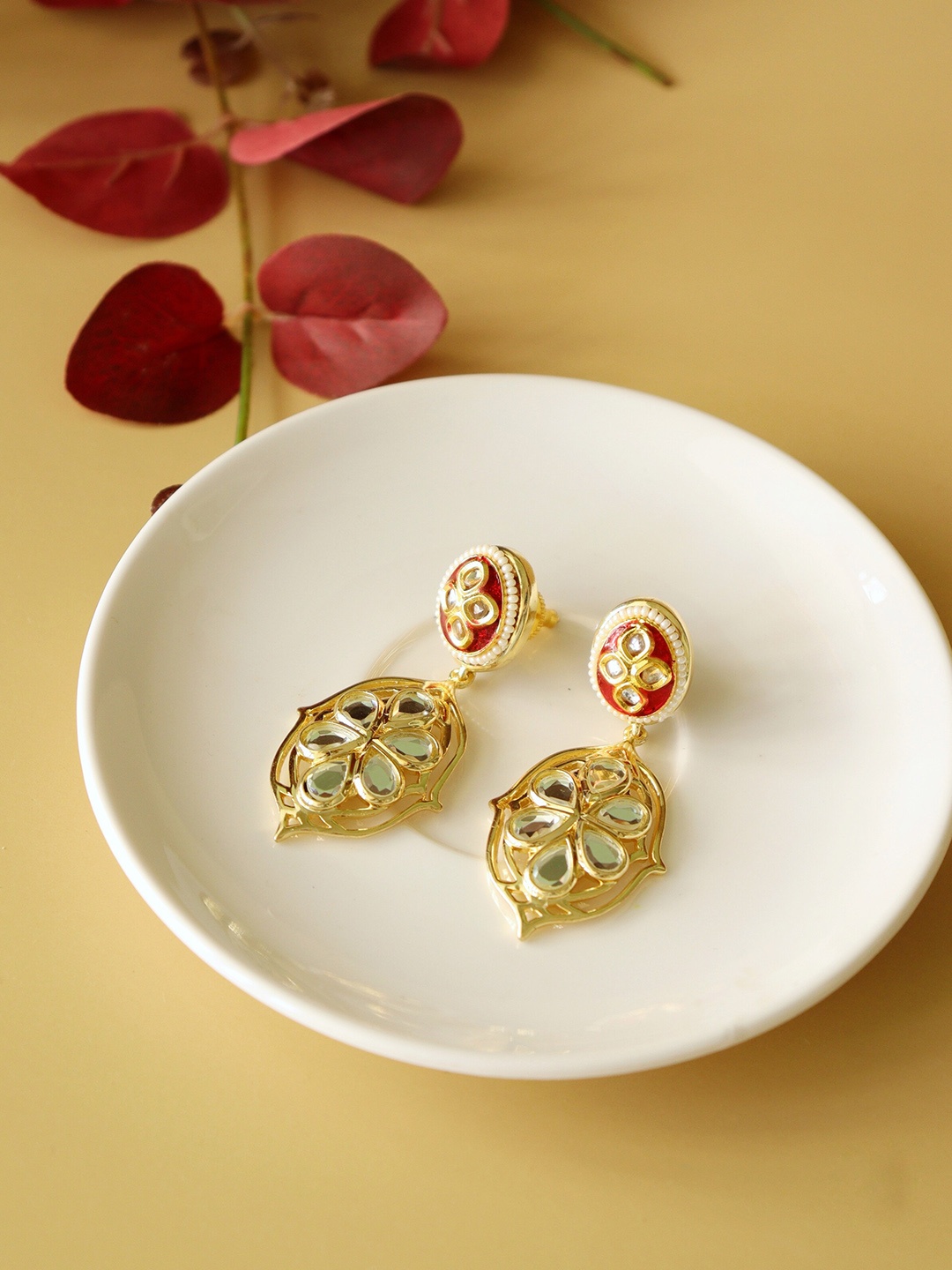 

CURIO COTTAGE Red & White Gold-Plated Contemporary Drop Earrings